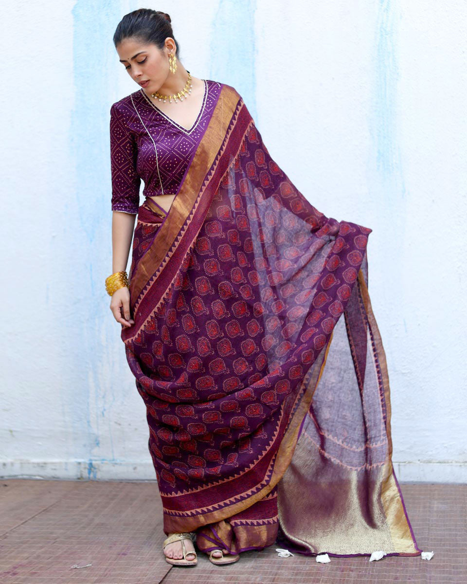 Sitara Purple Handblock Print Linen Saree - RSH