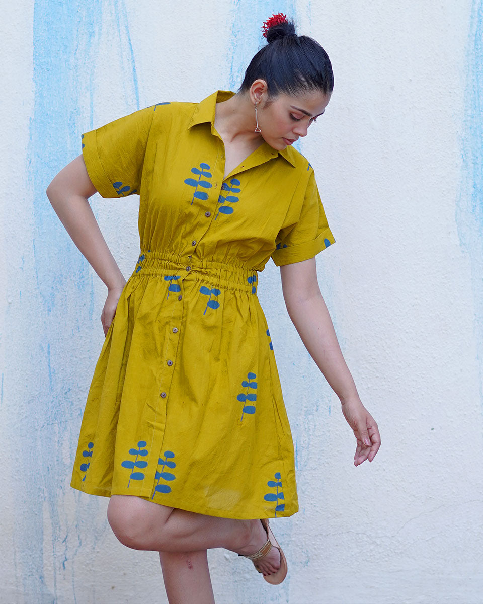 Chanchal Mustard Yellow Handblock Print Cotton Dress - BFG
