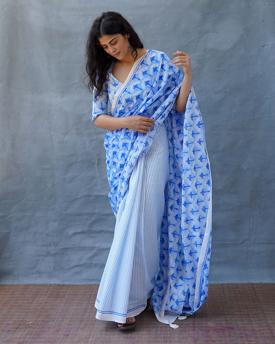 Maya Blue Hand Block Printed Saree-BAD