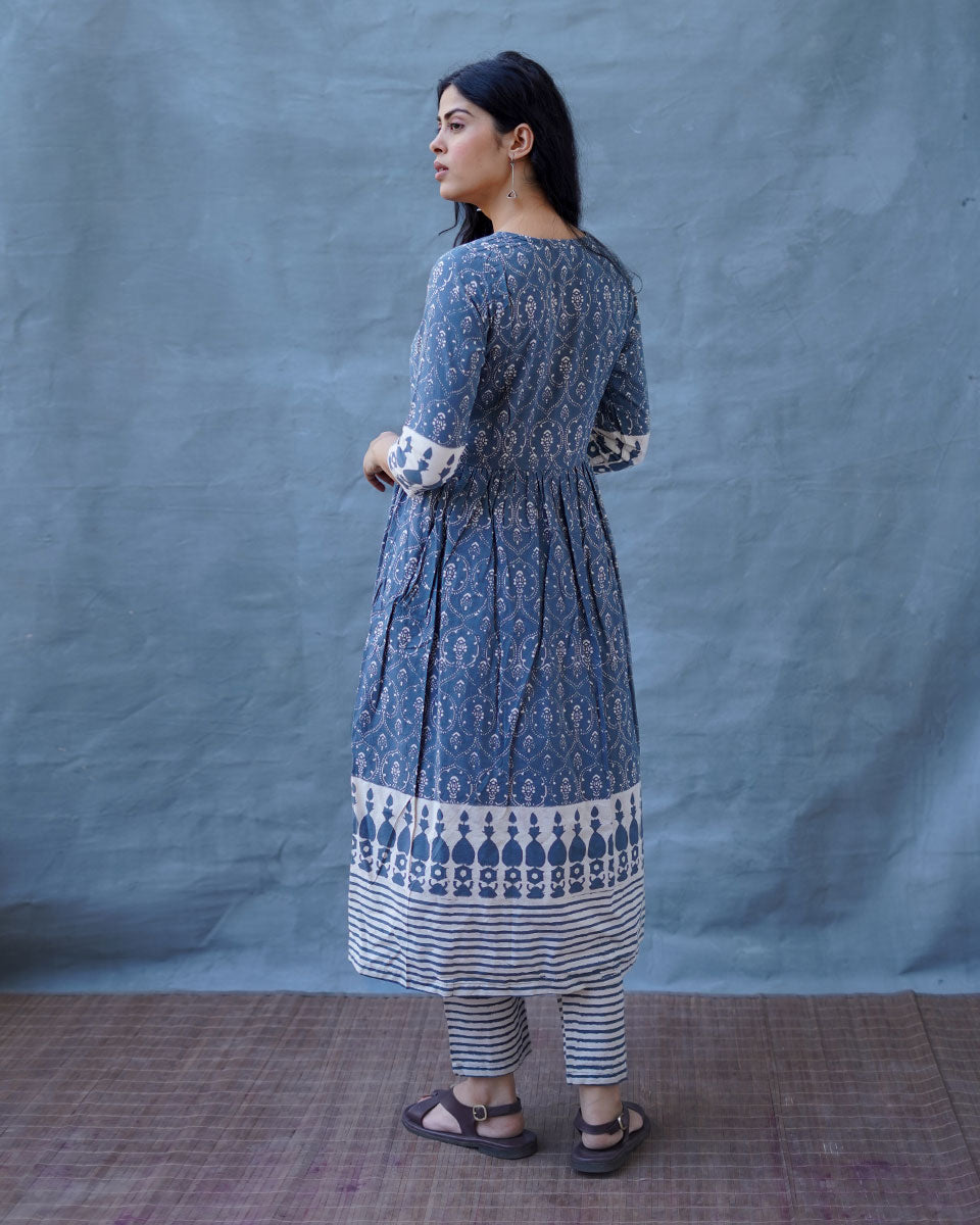 Hollow Dusk Grey Block Printed Kurta Set - BMS