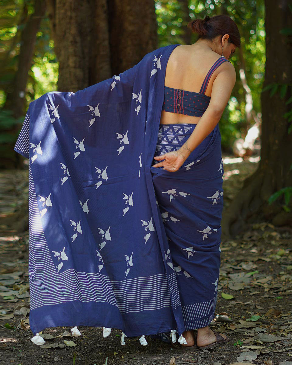 Mehekti Khushboo Blue Hand Block Printed Cotton Saree - UMT