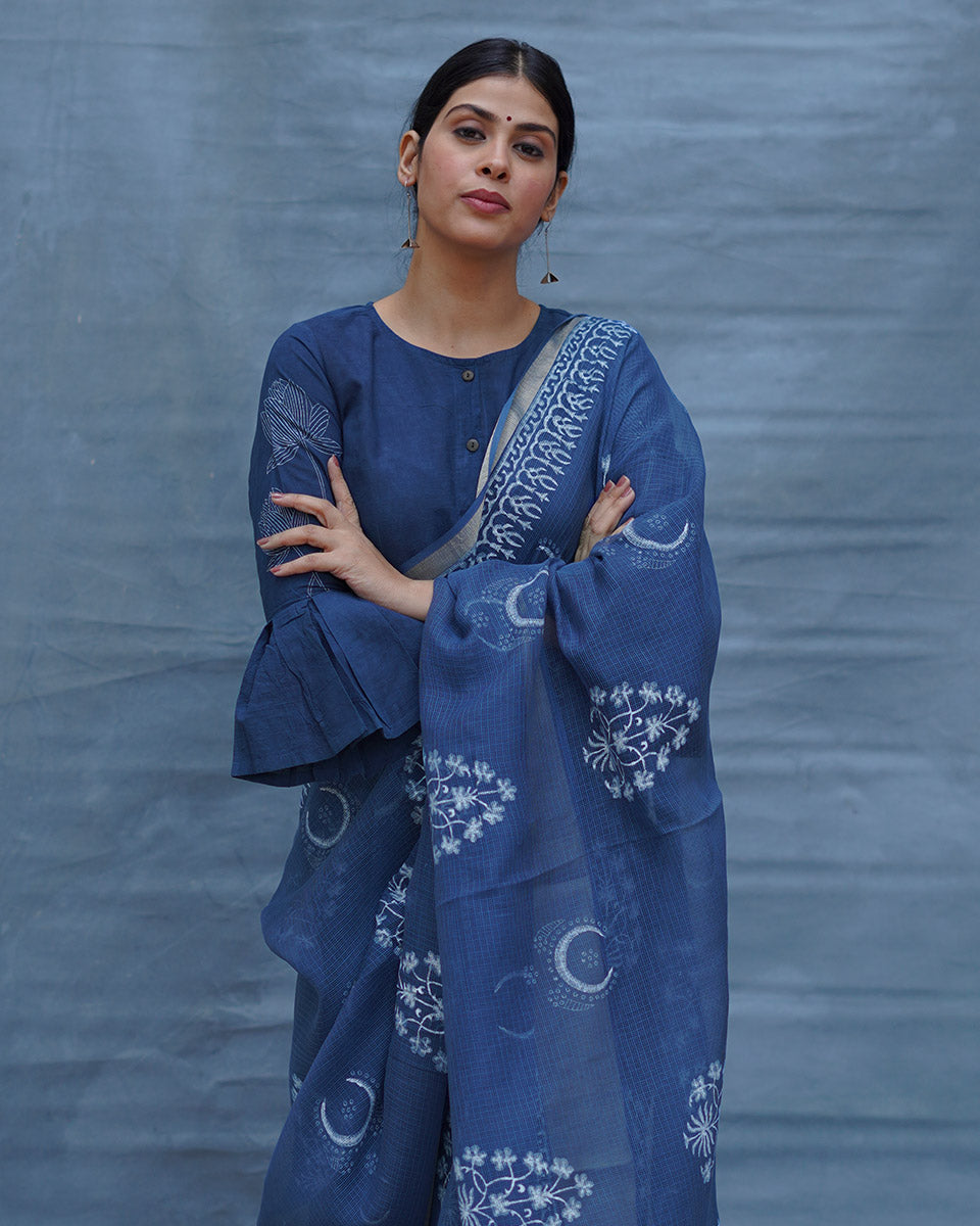 Moon water Blue Block Printed Kota Doria Saree - INDI