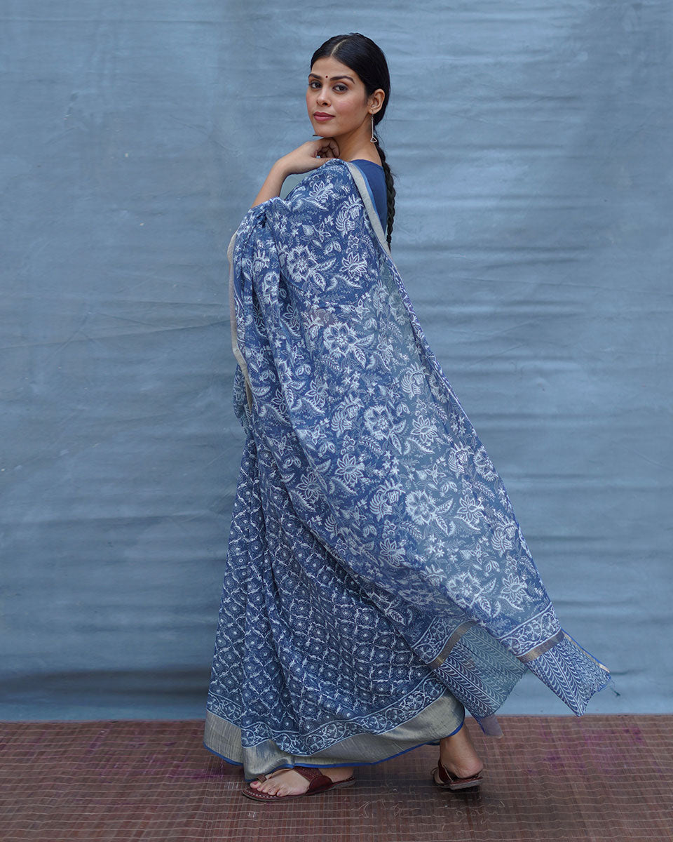 Waiting Sea Blue Block Printed Kota Doria Saree - INDI