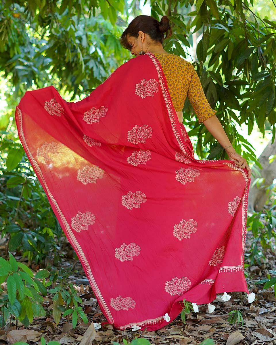 Walking Barefoot Red Hand Block Printed Cotton Saree - UMT