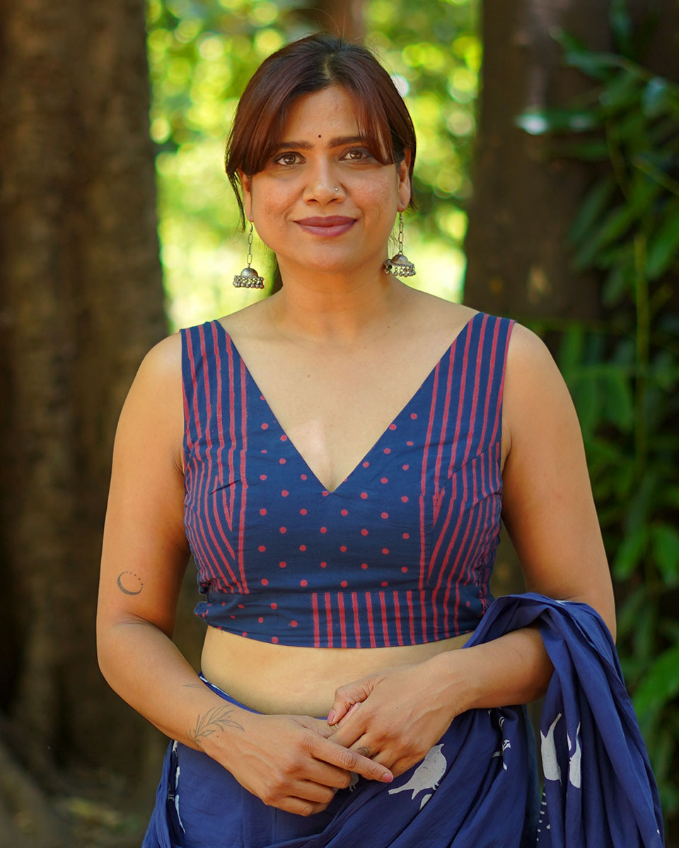 Playing till sunset Indigo Hand Block Printed Cotton Blouse - UMT