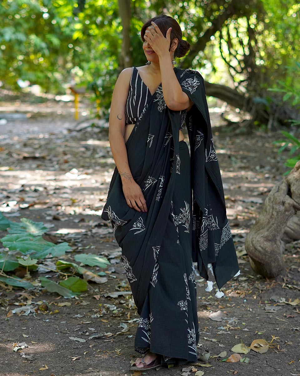 Afternoon Nap Black Hand Block Printed Cotton Saree - UMT
