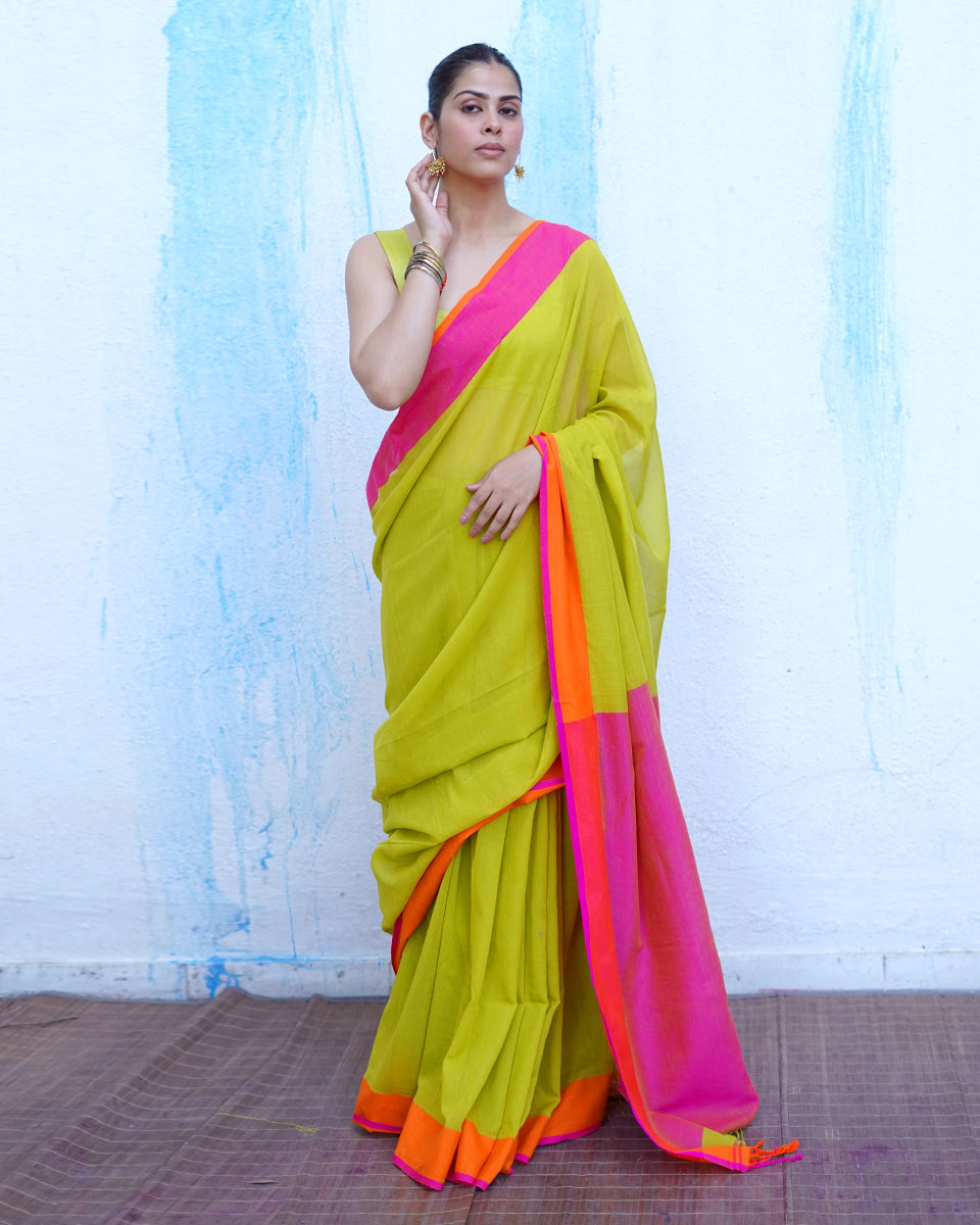Selene Lime Green Handwoven Cotton Saree - NTC