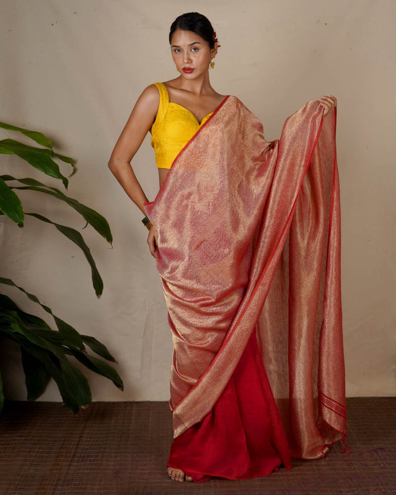 Bibha Orange Handwoven Linen Zari Saree - Eknoor main image 0