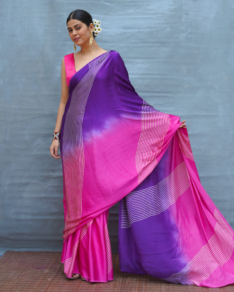 Loose Grace Pink With Purple Handblock Print Modal Silk Saree - Flow