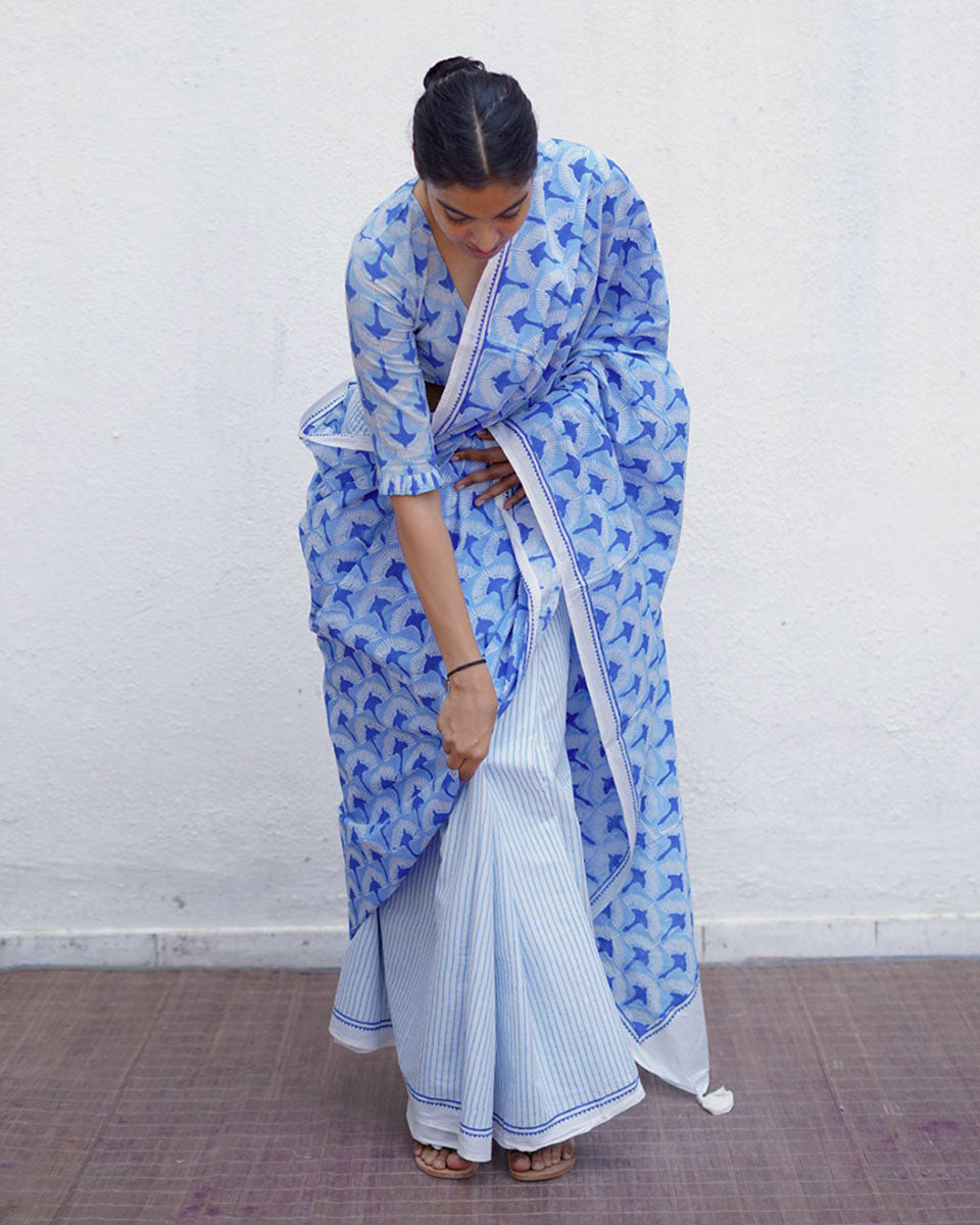 Maya Blue Hand Block Printed Saree-BAD