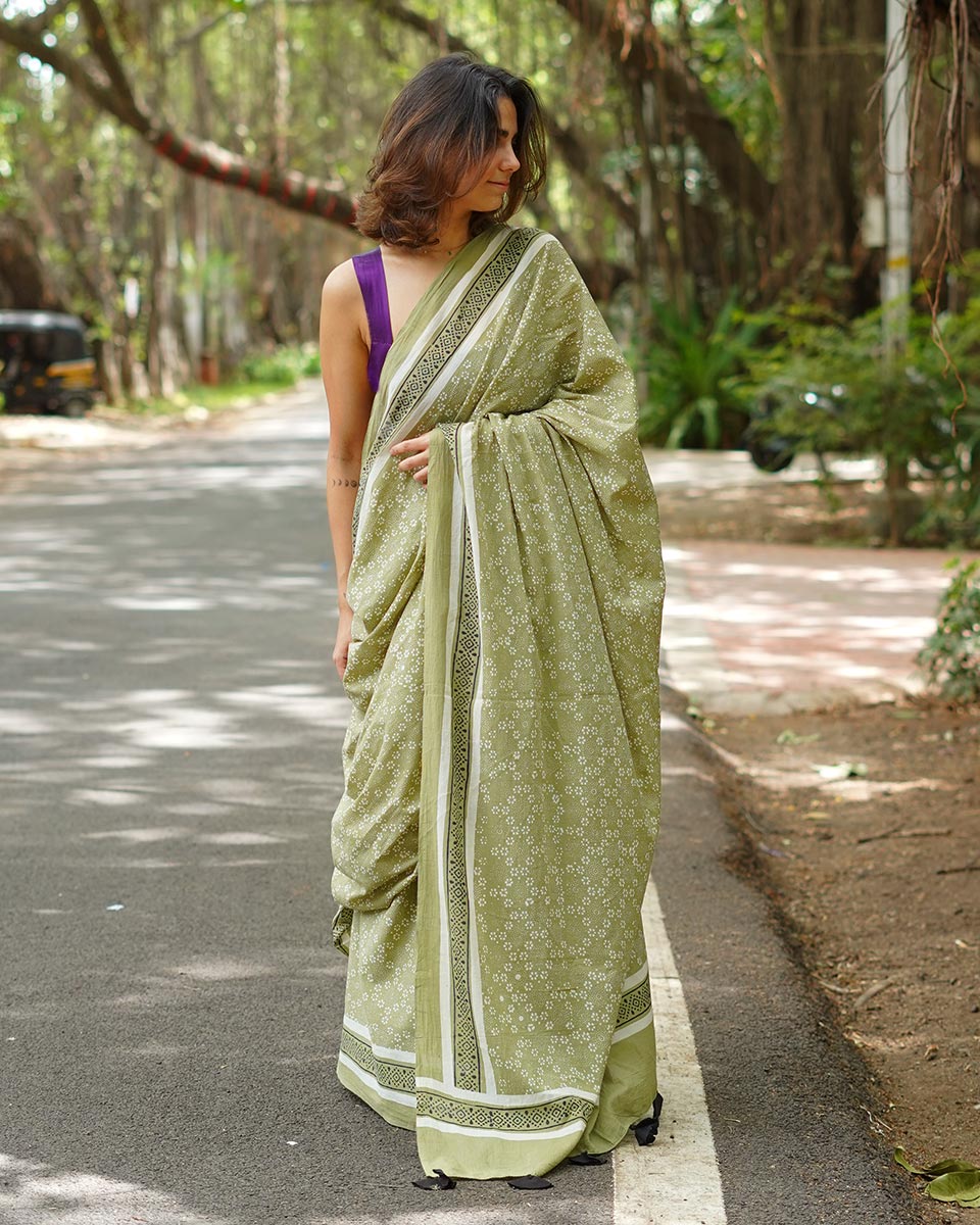 Kesar Phirni Olive Green Handblock Print Cotton Saree - PBC
