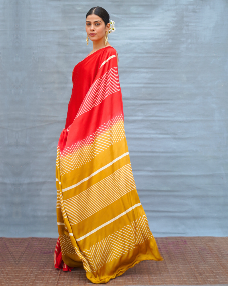 Gentle Fall Red Handblock Print Modal Silk Saree - Flow
