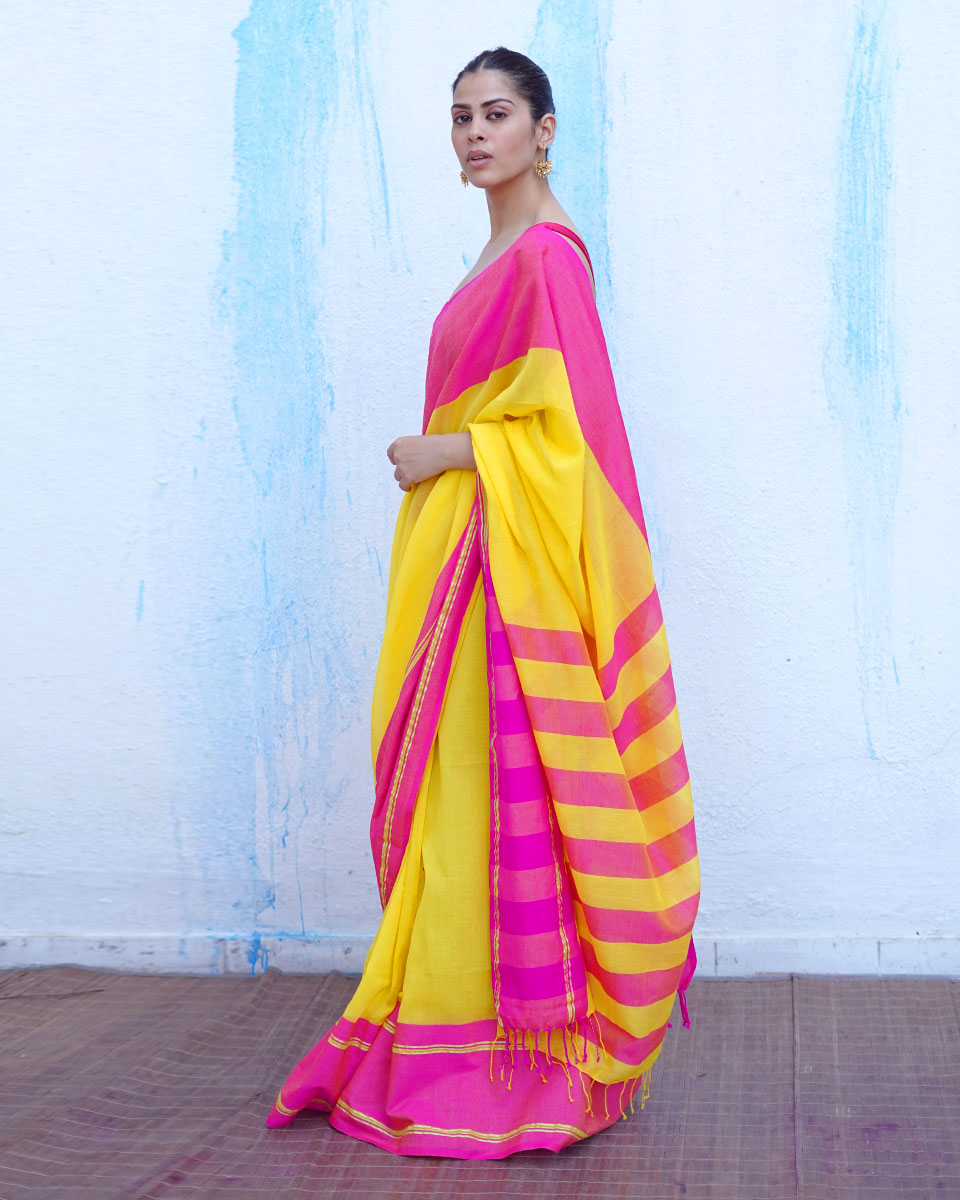 Athena Yellow With Pink Handwoven Cotton Saree - NTC