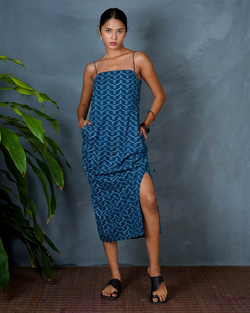 Anaya Teal Green Hand Block Printed Dress-MYA