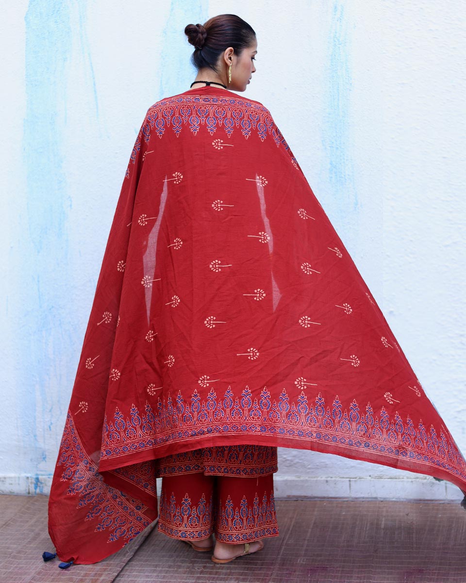 Tara Red Handblock Print Cotton Dupatta - RSH