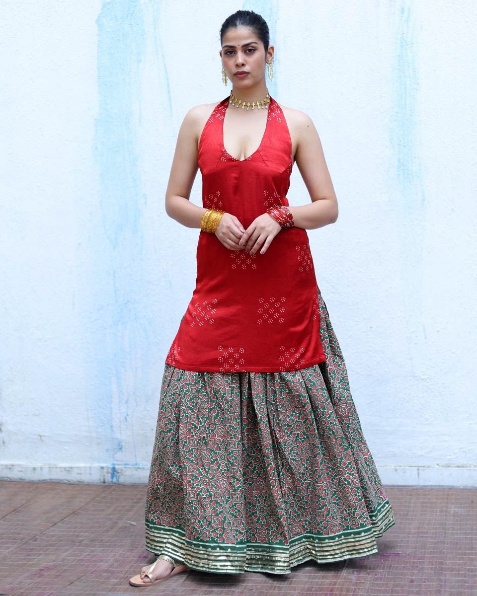 Aabha Red Handblock Print Mashru Silk Kurta - RSH