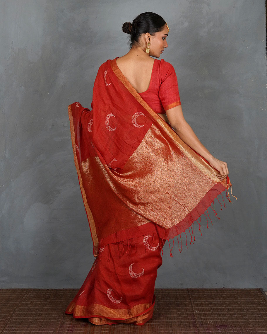 Taraani Red Handblock  Linen Saree - TARA