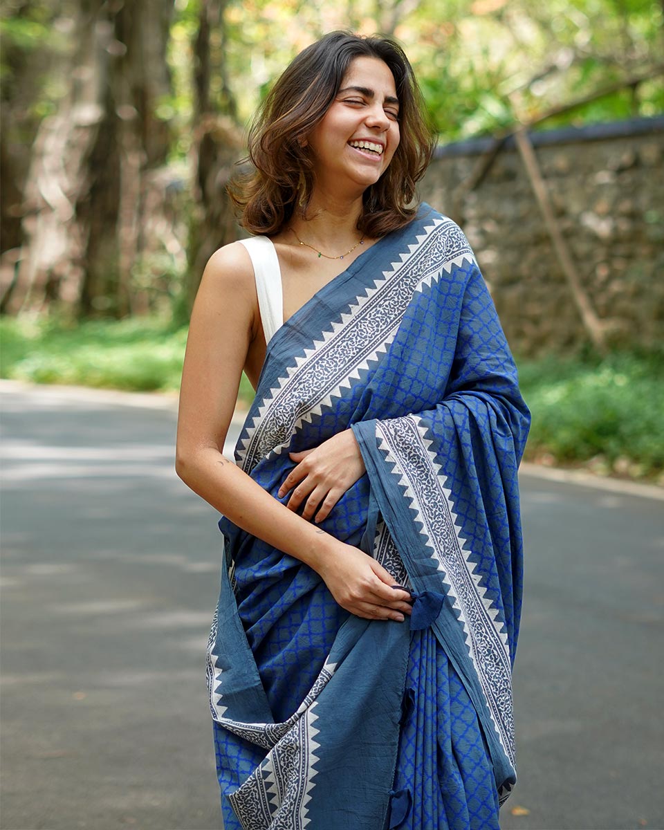 Butterflypea Pudding Blue Handblock Print Cotton Saree - PBC