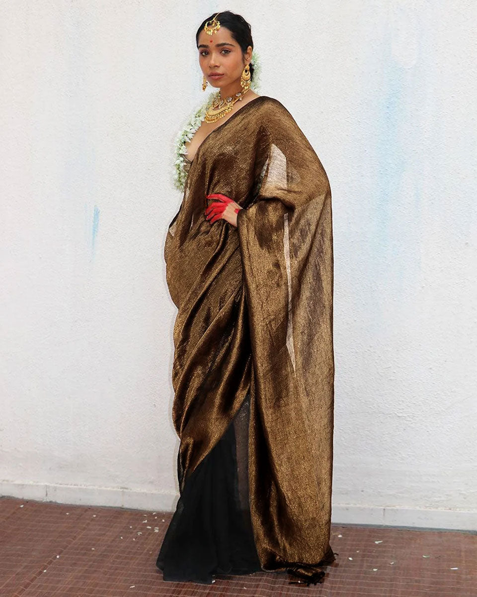 Mrinal Brown Handwoven Linen Zari Saree