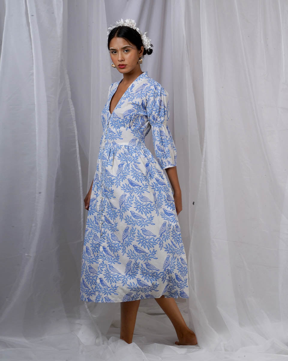 Neyra Ivory Blue Hand Block Printed Dress-BAD