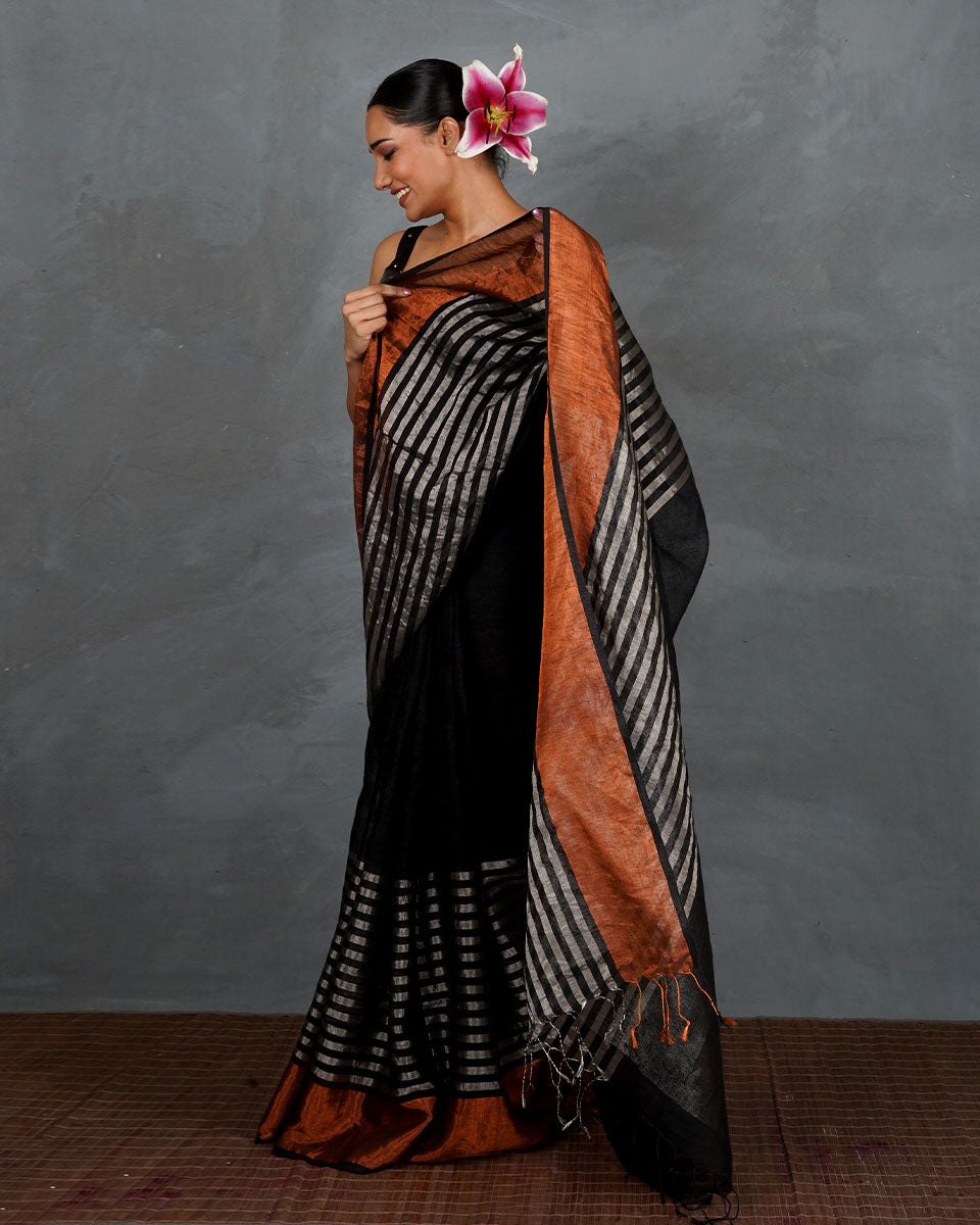 Follow Dawn Black Handwoven Linen Saree - TARA