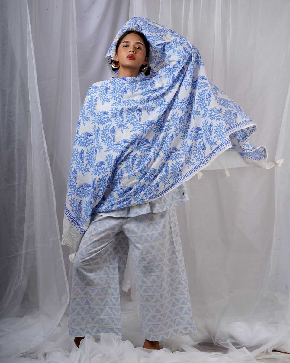 Milu Blue Hand Block Printed Dupatta-BAD