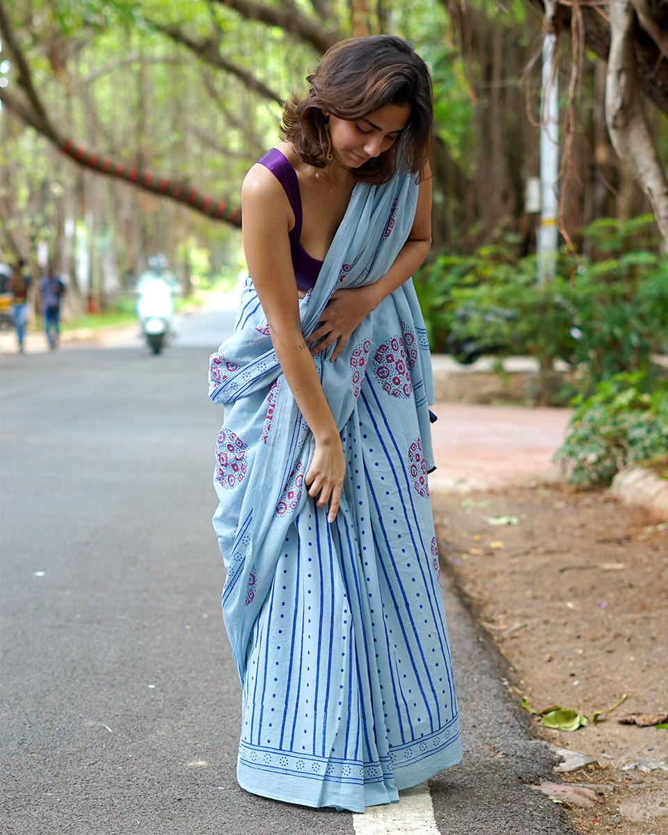 Blueberry Cream Sky Blue Handblock Print Cotton Saree - PBC