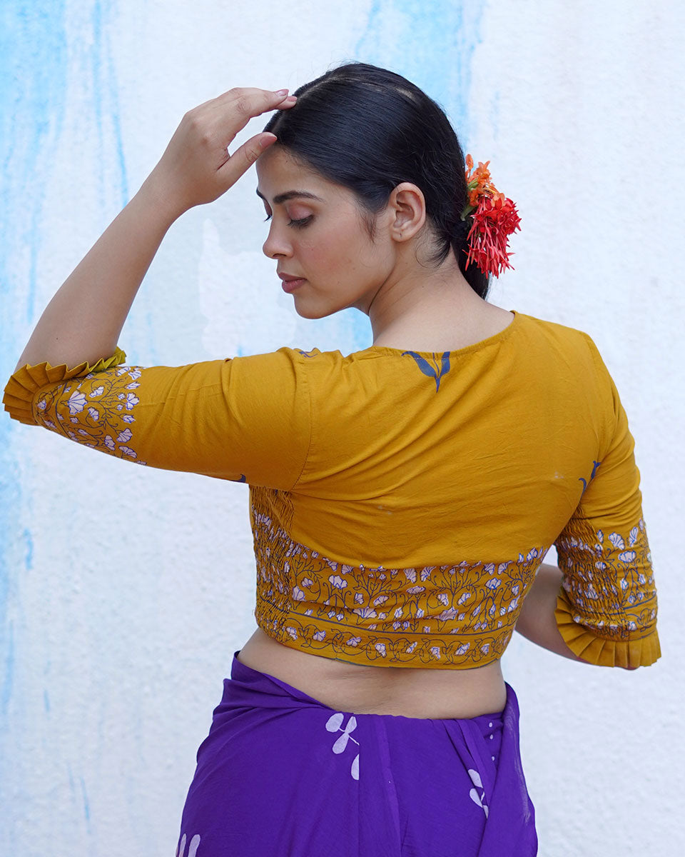 Pankhi Mustard Yellow Handblock Print Cotton Blouse - BFG