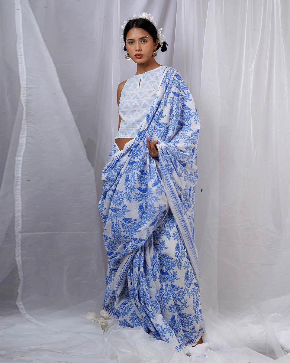 Rimi Ivory Hand Block Printed Saree-BAD