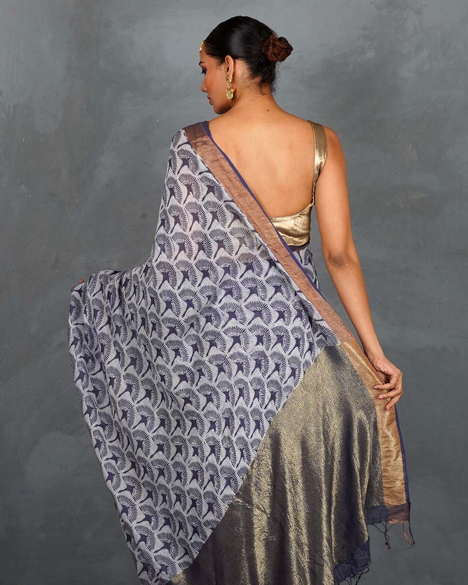 Prabha Blue With White Handblock Linen Saree - TARA