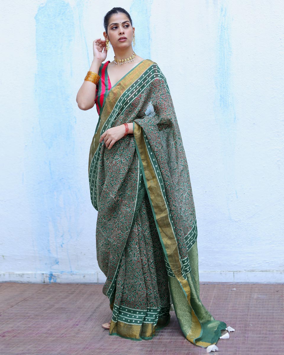 Deepti Green Handblock Print Linen Saree - RSH