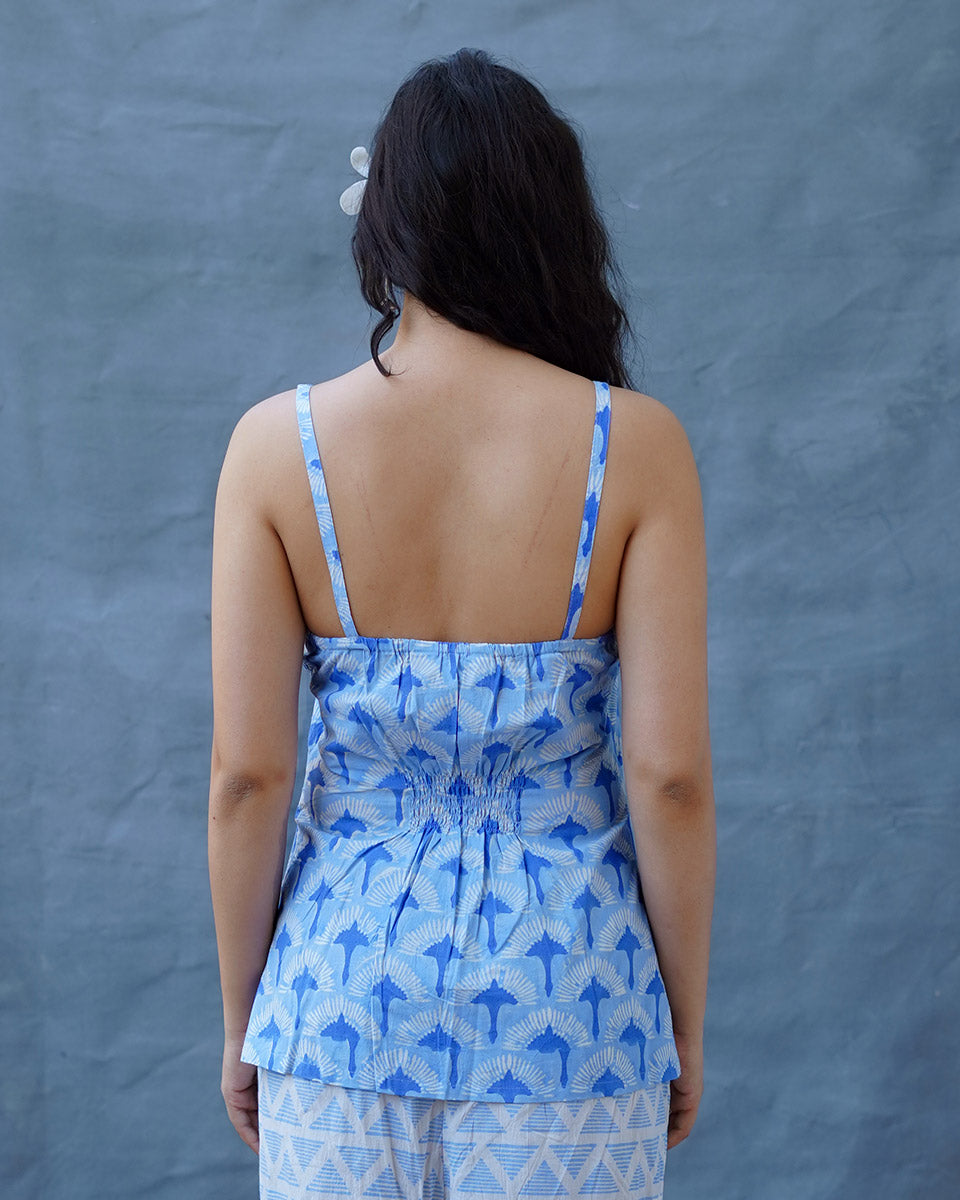 Varsha Ivory Blue Hand Block Printed Top-BAD