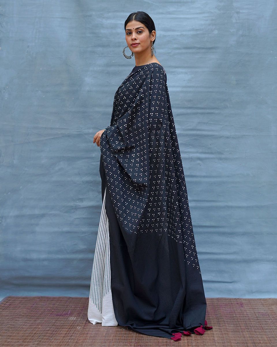 Monochrome Magic Black & White Handblock Print Cotton Saree - M&M
