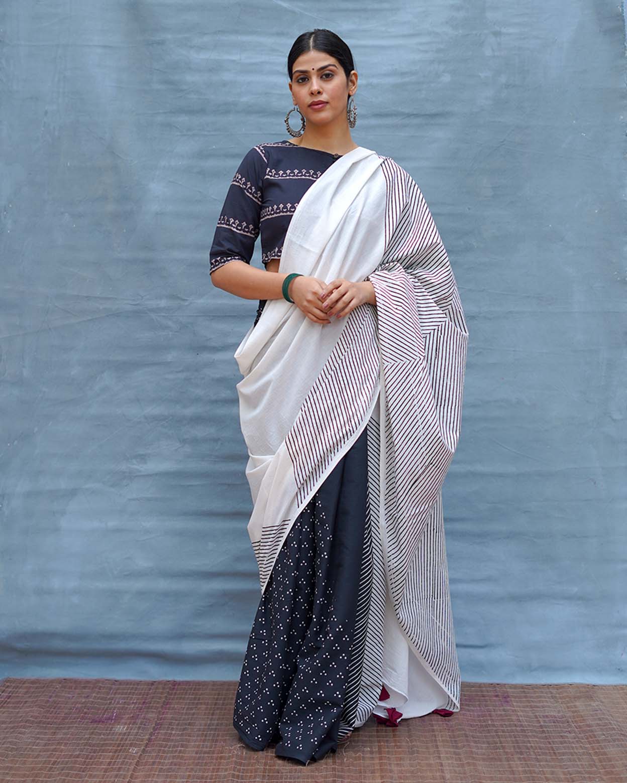 B&W Muse Black & White Handblock Print Cotton Saree - M&M