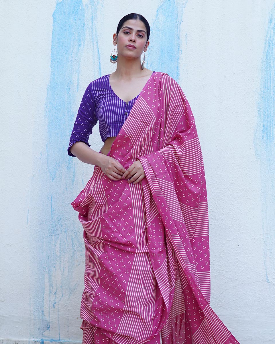Patang Pink Handblock Print Cotton Saree - BFG