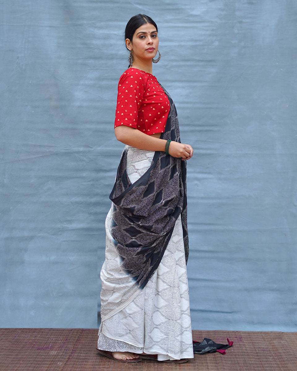 Black & White Tale Handblock Print Cotton Saree - MIS