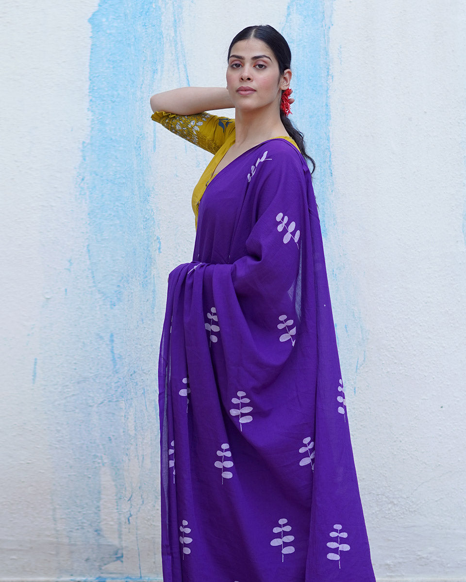 Kuhu Purple Handblock Print Cotton Saree - BFG