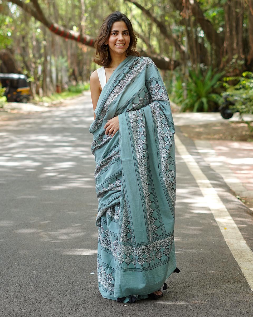 Misri Mist Blue Handblock Print Cotton Saree - PBC