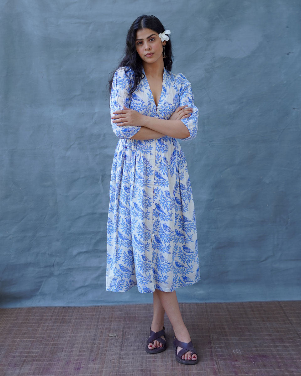 Neyra Ivory Blue Hand Block Printed Dress-BAD