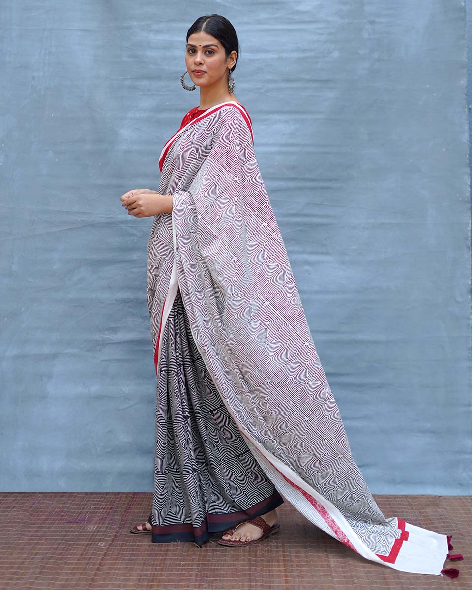 Vintage Poem Black & White Handblock Print Cotton Saree - M&M