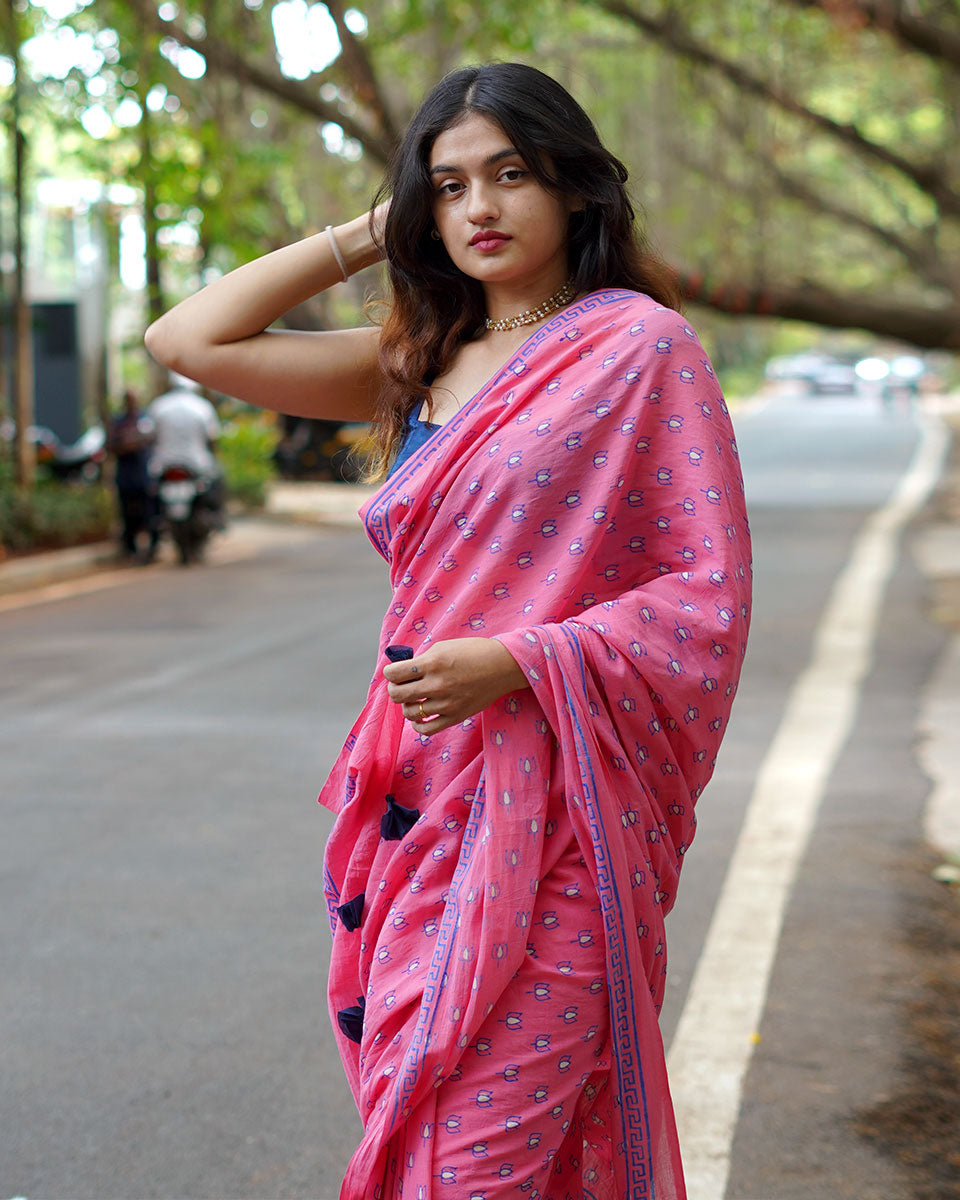 Rose Rabdi Pink Handblock Print Cotton Saree - PBC