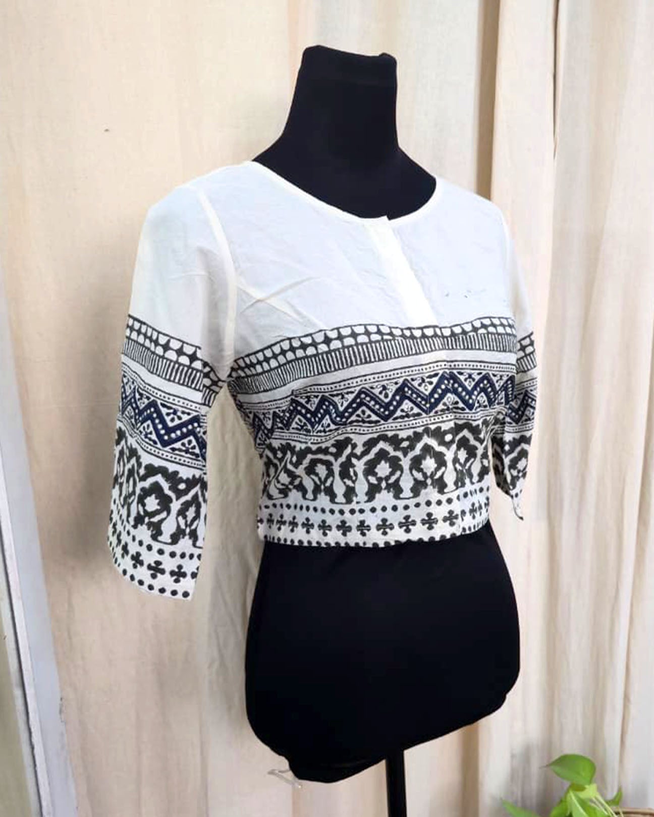Indi White & Black Hand Block Printed Cotton Blouse - Love Despite