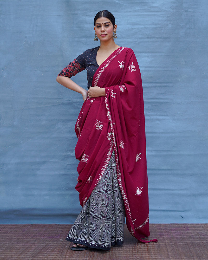 Charulata Maroon Handblock Printed Cotton Saree - Soil