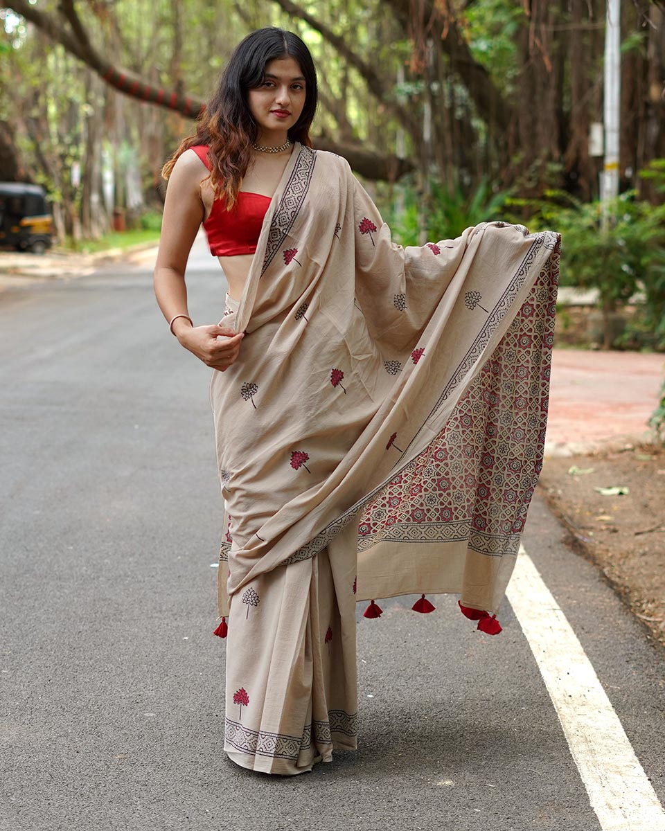 Coconut Chikki Beige Handblock Print Cotton Saree - PBC