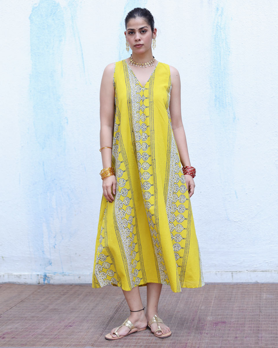 Roushan Yellow Handblock Print Cotton Dress - RSH