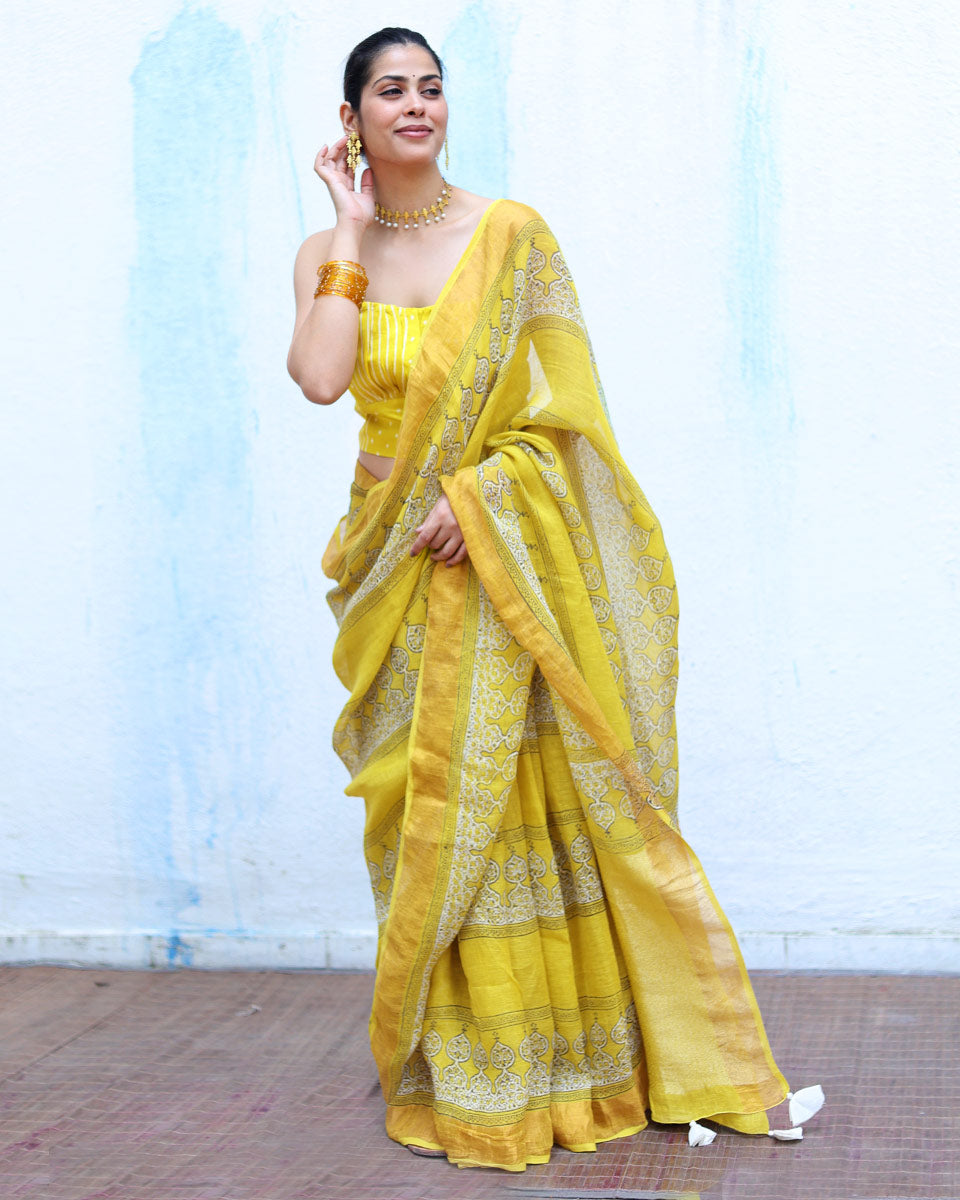 Ziya Yellow Handblock Print Linen Saree - RSH