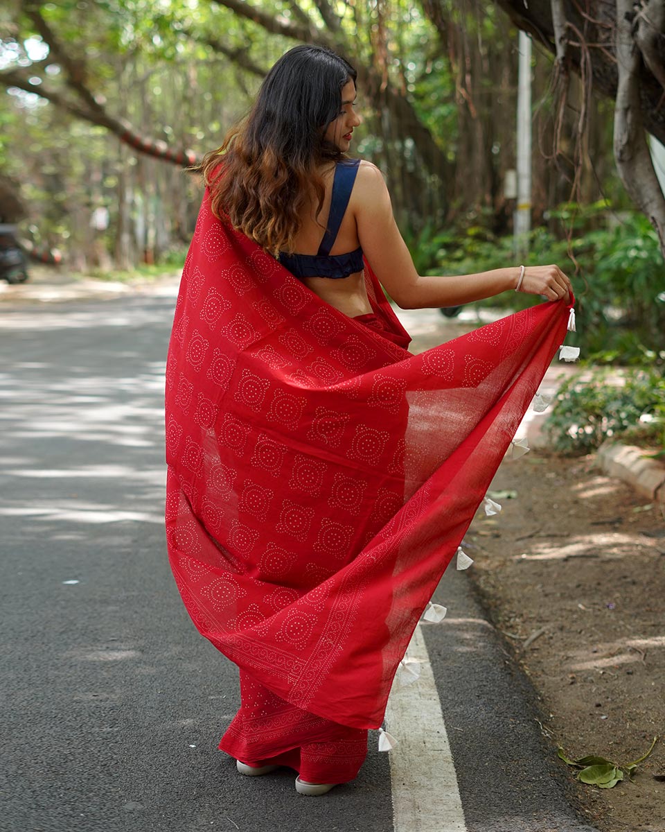Raspberry Custard Red Handblock Print Cotton Saree - PBC