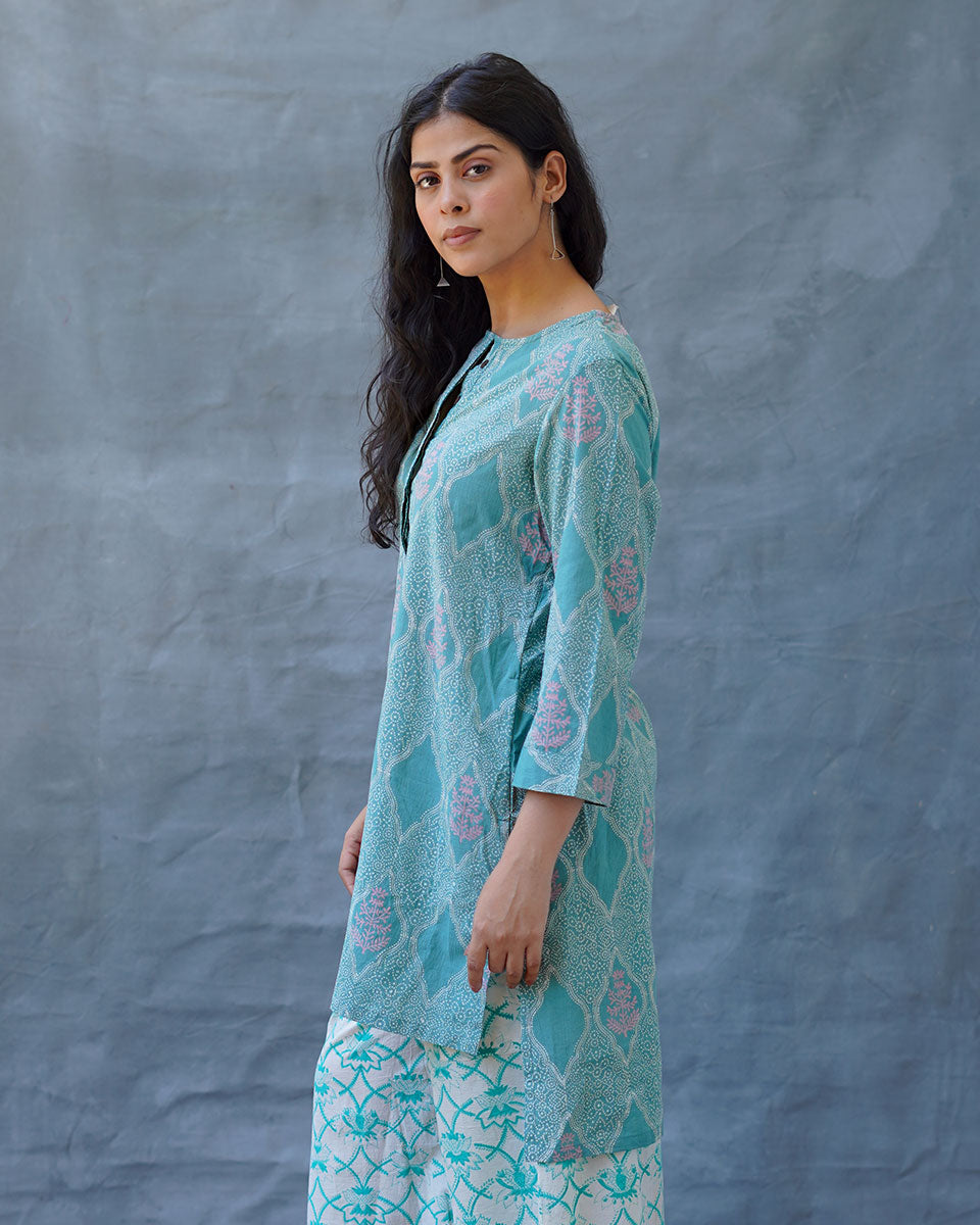 Tenderness of Tulips Teal Green Block Printed Kurti - MMG