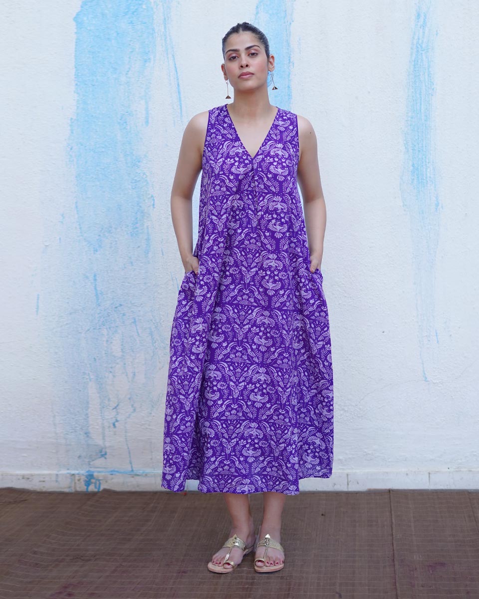 Tarang Purple Handblock Print Cotton Dress - BFG