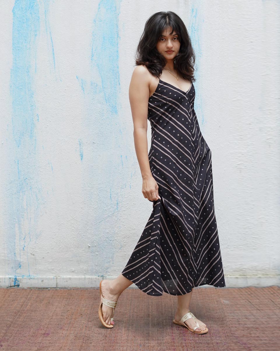 Snow Moon Black Handblock Print Cotton Dress - MNCH